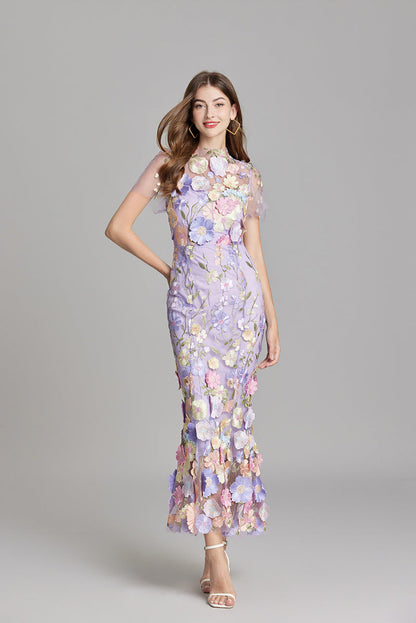 Women’s Maxi Dress – Fitted Silhouette – Embroidered Mesh – Sheer High Neckline
