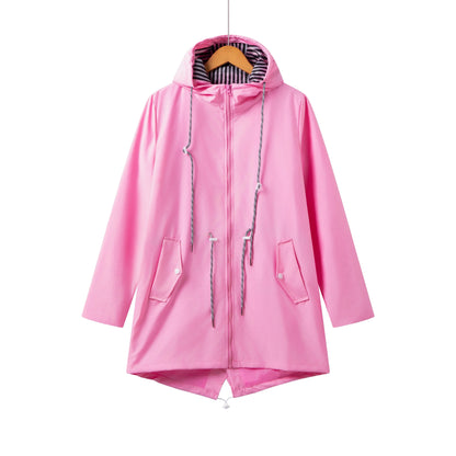 Women’s Trench Coat – Waterproof Fabric – Relaxed Fit – Hooded with Zip Closure