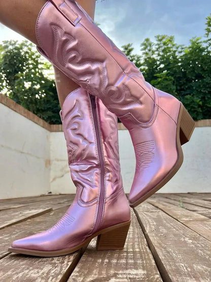 Women’s Cowboy Boots – Mid Calf Fit – Decorative Stitching – Side Zipper – Low Heel