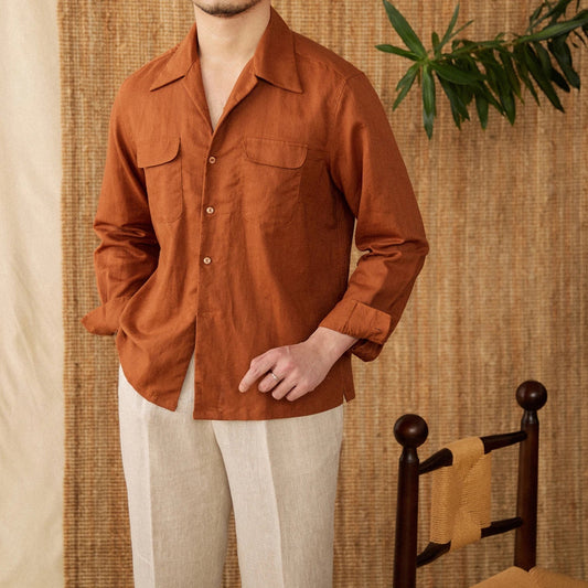 Men’s Linen Shirt – Relaxed Fit – Long Sleeve – Button-Up – Chest Pockets – Casual Wear