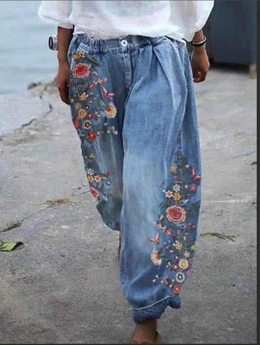 Women’s Cargo Pants – Relaxed Fit – Embroidered Denim – Elastic Hem – Full Length