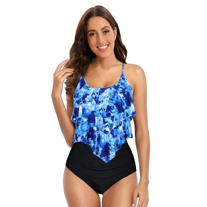 Women’s Bikini Set – Ruffled Top – Ruched High Rise Bottoms – Modest Fit – Breathable Blend