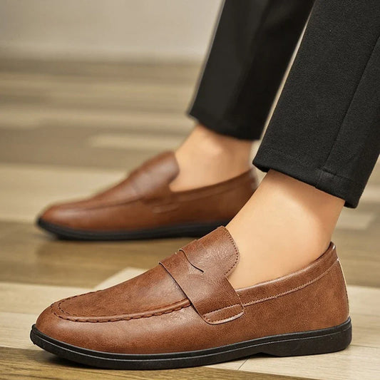 Men’s Slip-On Loafers - Synthetic Leather - Ankle Height - Penny Strap - Moc-Toe Stitching