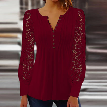 Women’s Blouse – Relaxed Fit – Lace Sleeves – Scalloped V-Neck – Knit Body