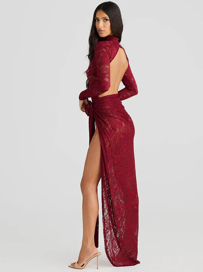 Women’s Slip Dress – Lace Bodycon Fit – Long Sleeve – High Neck – Thigh Slit