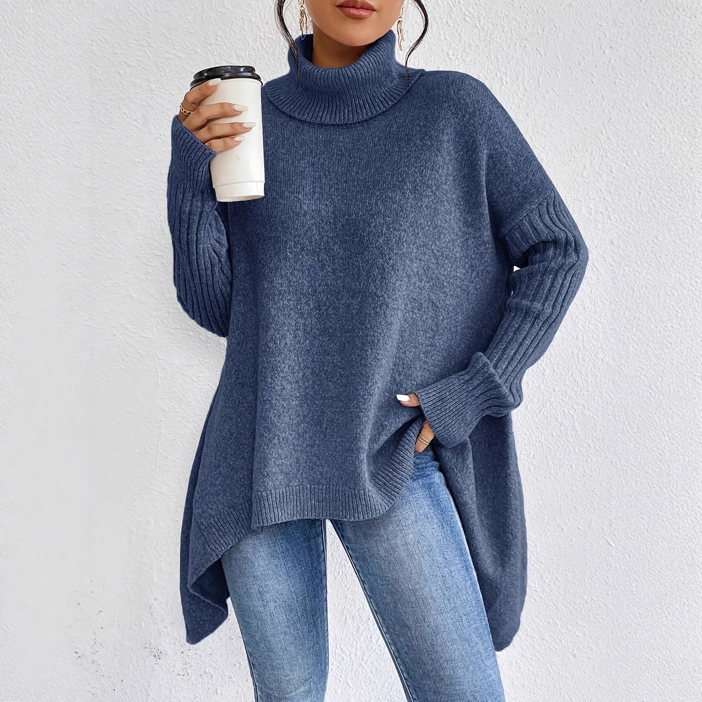 Isla Oversized Turtleneck Sweater | Tunic Length Solid Wool Sweater