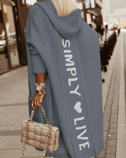 Women’s Long Coat – Hooded Wool – Loose Fit – Ribbed Sleeve – Graphic Back