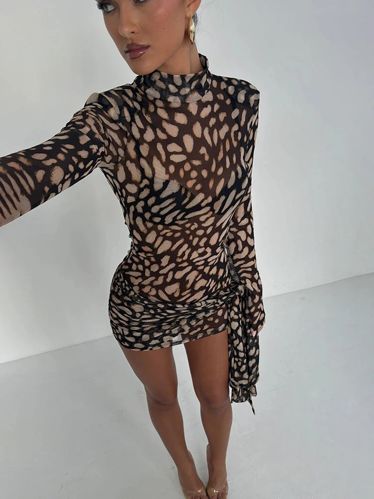 Women's Mini Dress - Sheer Print - High Neck - Long Sleeve - Wrap Style Elegant Fit