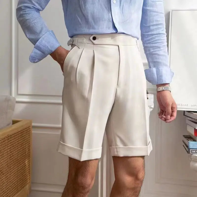 Men’s Tailored Shorts – Natural Fibers – Pleated Front – Cuffed Hem – Knee Length Fit