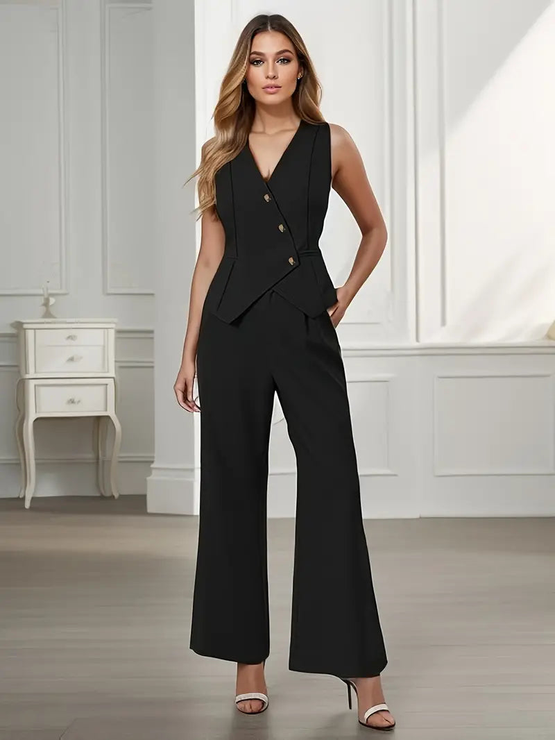 Women’s Tailored Vest & Pants Set – Fitted Silhouette – Cotton Blend – Hip Length – Wide Leg