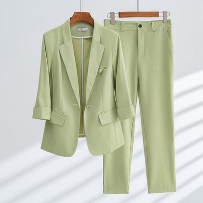 Women’s Blazer and Ankle-Length Trousers Set - Lightweight Woven Fabric - Notched Lapel - 3/4 Sleeve
