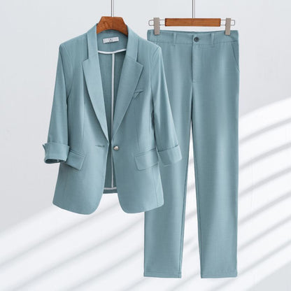 Women’s Blazer and Ankle-Length Trousers Set - Lightweight Woven Fabric - Notched Lapel - 3/4 Sleeve
