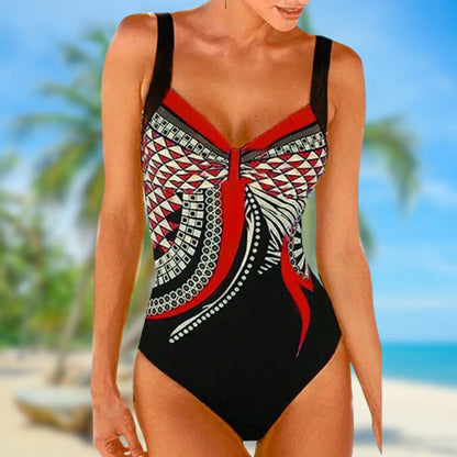 Women’s One-Piece Swimsuit – Form-Fitting – Stretch Fabric – Geometric Pattern – Wide Straps