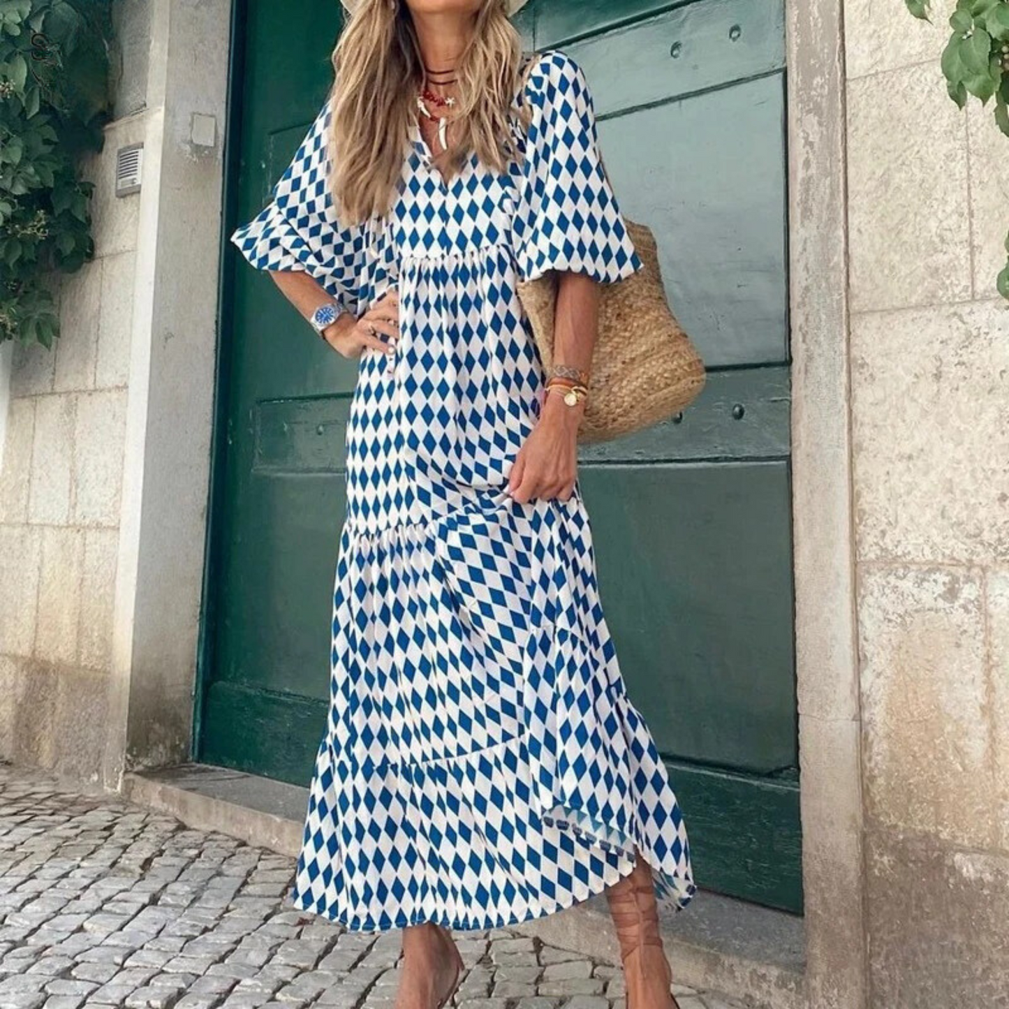 Women's Maxi Dress - Floral Print - Long Billowy Sleeves - Round Neck - Flowy Loose Fit
