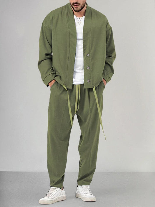 Men’s Lounge Set – Relaxed Fit Shawl Collar Top – Tapered Drawstring Pants – Soft Knit
