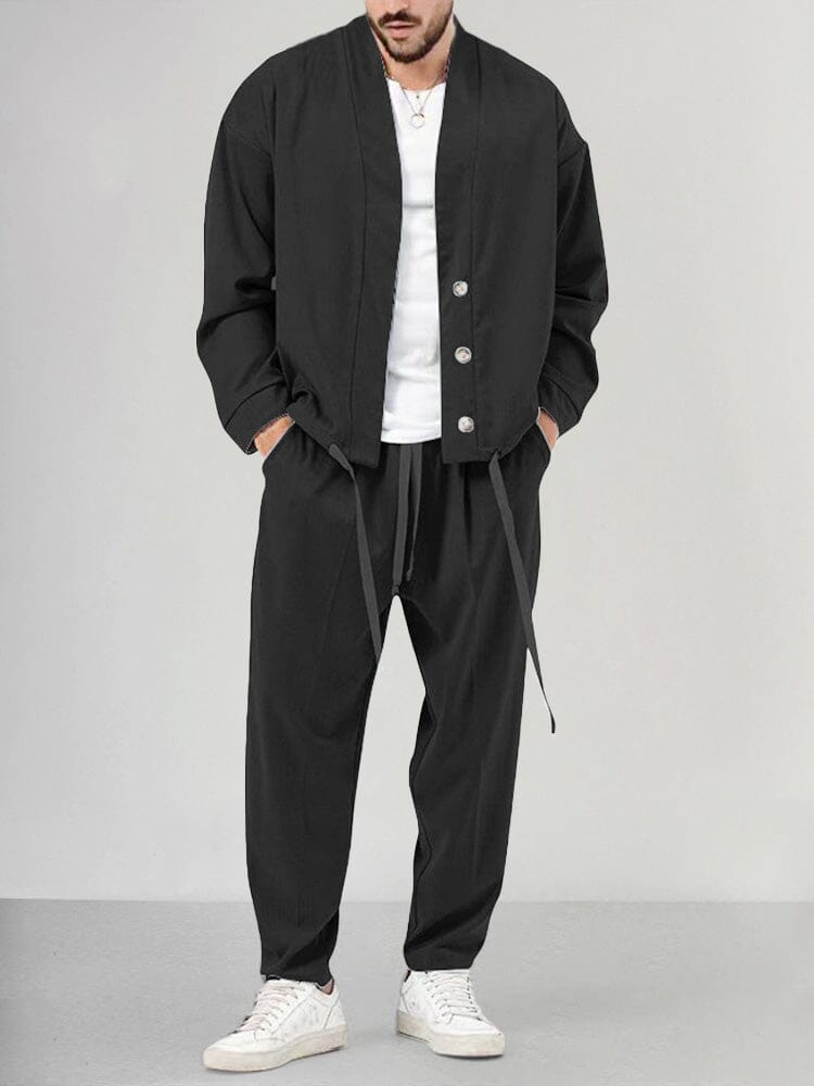 Men’s Lounge Set – Relaxed Fit Shawl Collar Top – Tapered Drawstring Pants – Soft Knit