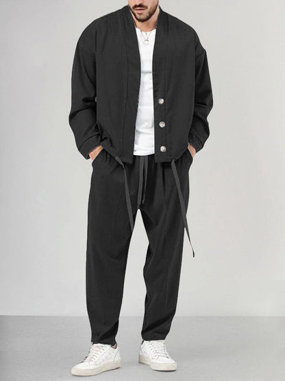 Men’s Lounge Set – Relaxed Fit Shawl Collar Top – Tapered Drawstring Pants – Soft Knit