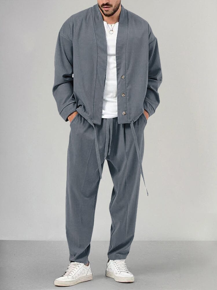 Men’s Lounge Set – Relaxed Fit Shawl Collar Top – Tapered Drawstring Pants – Soft Knit