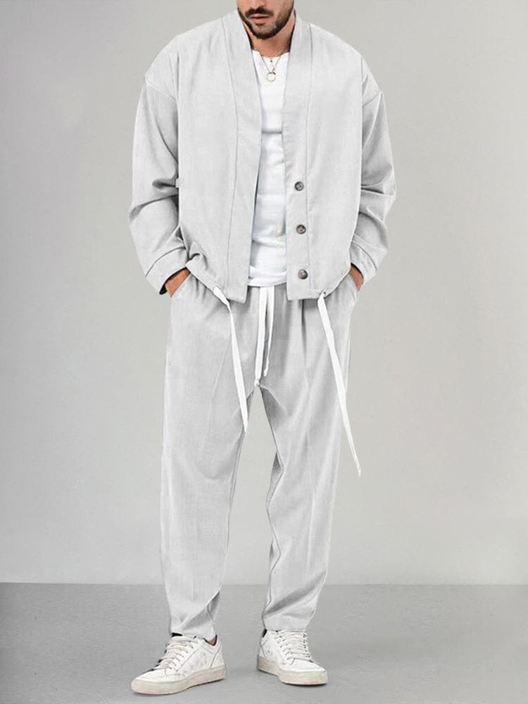 Men’s Lounge Set – Relaxed Fit Shawl Collar Top – Tapered Drawstring Pants – Soft Knit