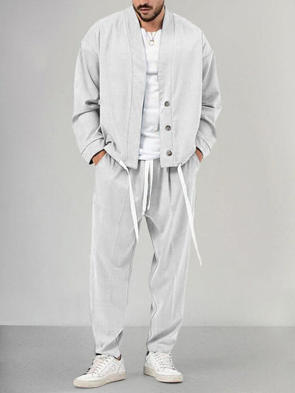 Men’s Lounge Set – Relaxed Fit Shawl Collar Top – Tapered Drawstring Pants – Soft Knit