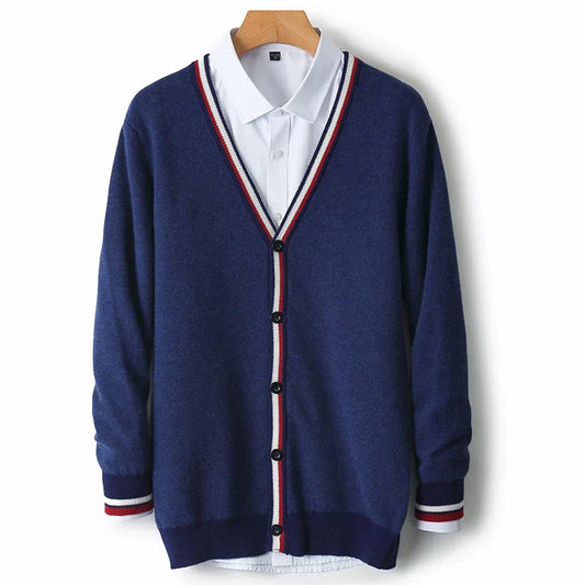 Men’s Cardigan – Knit Wool Blend – Relaxed Fit – V-Neck – Button-Up – Tri-Colour Trim
