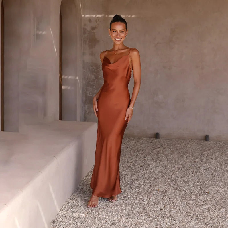 Women’s Satin Maxi Dress – Slim Fit – Cowl Neck – Spaghetti Straps – Evening Wear