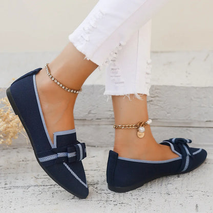 Women’s Slip-On - Pointed Toe Loafers - Knitted Fabric - Flat Sole - Decorative Bow
