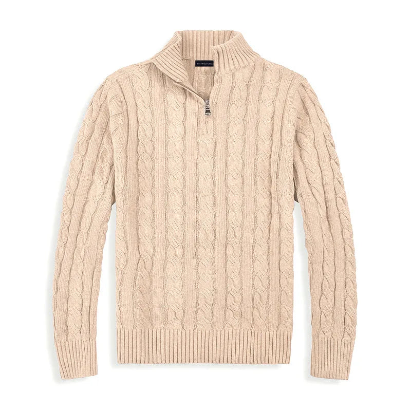 Men’s Sweater – Cotton Blend – Regular Fit – Half Zip – Cable Knit – Ribbed Trim
