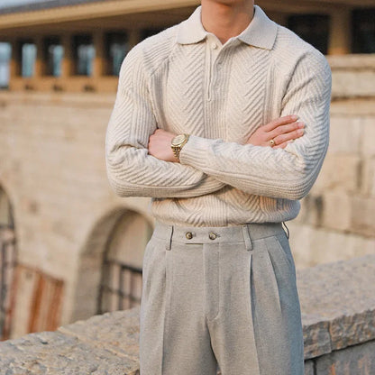 Men’s Knitted Sweater – Slim Fit – Cable Knit – Polo Collar – Long Sleeve Wool Blend