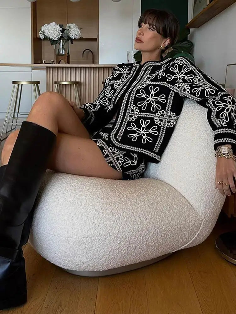 Women’s Ethnic Coat – Cotton – Relaxed Fit – Embroidered Open Front – Lantern Sleeve