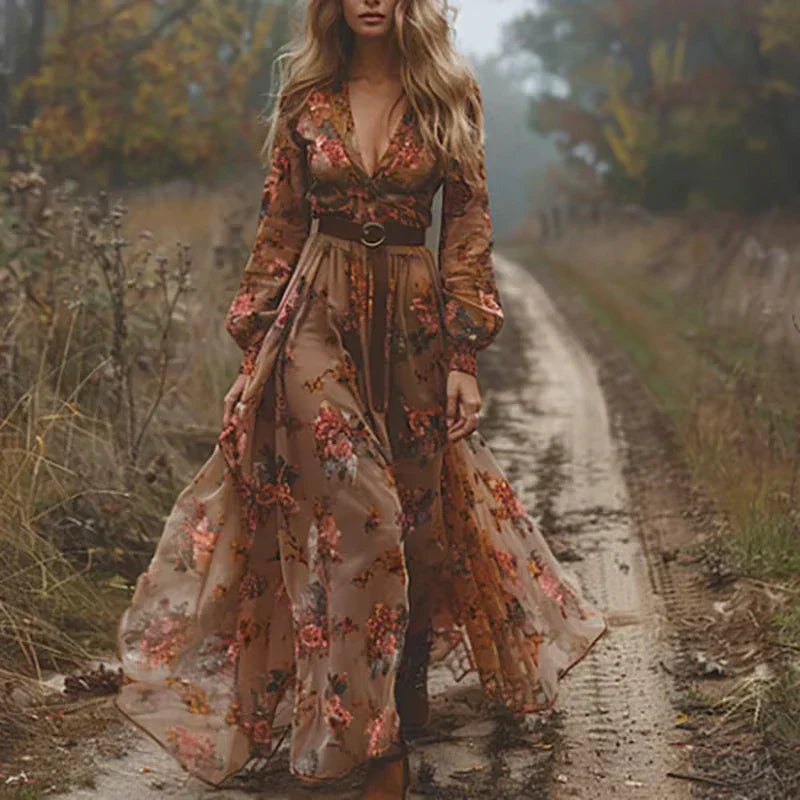 Women’s Maxi Dress – Boho Style – Flowing Fit – Long Sleeve – Belted Tiered Skirt