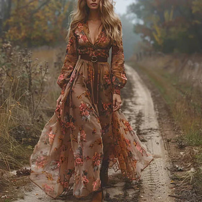 Women’s Maxi Dress – Boho Style – Flowing Fit – Long Sleeve – Belted Tiered Skirt