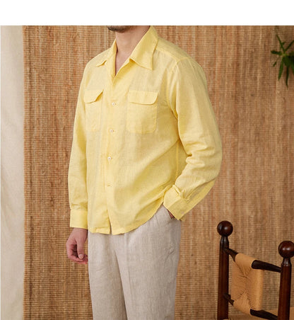 Men’s Linen Shirt – Relaxed Fit – Long Sleeve – Button-Up – Chest Pockets – Casual Wear