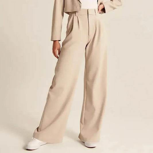 Women’s Wide-Leg Trousers – High Waist – Wool Blend – Pleated Front – Full Length