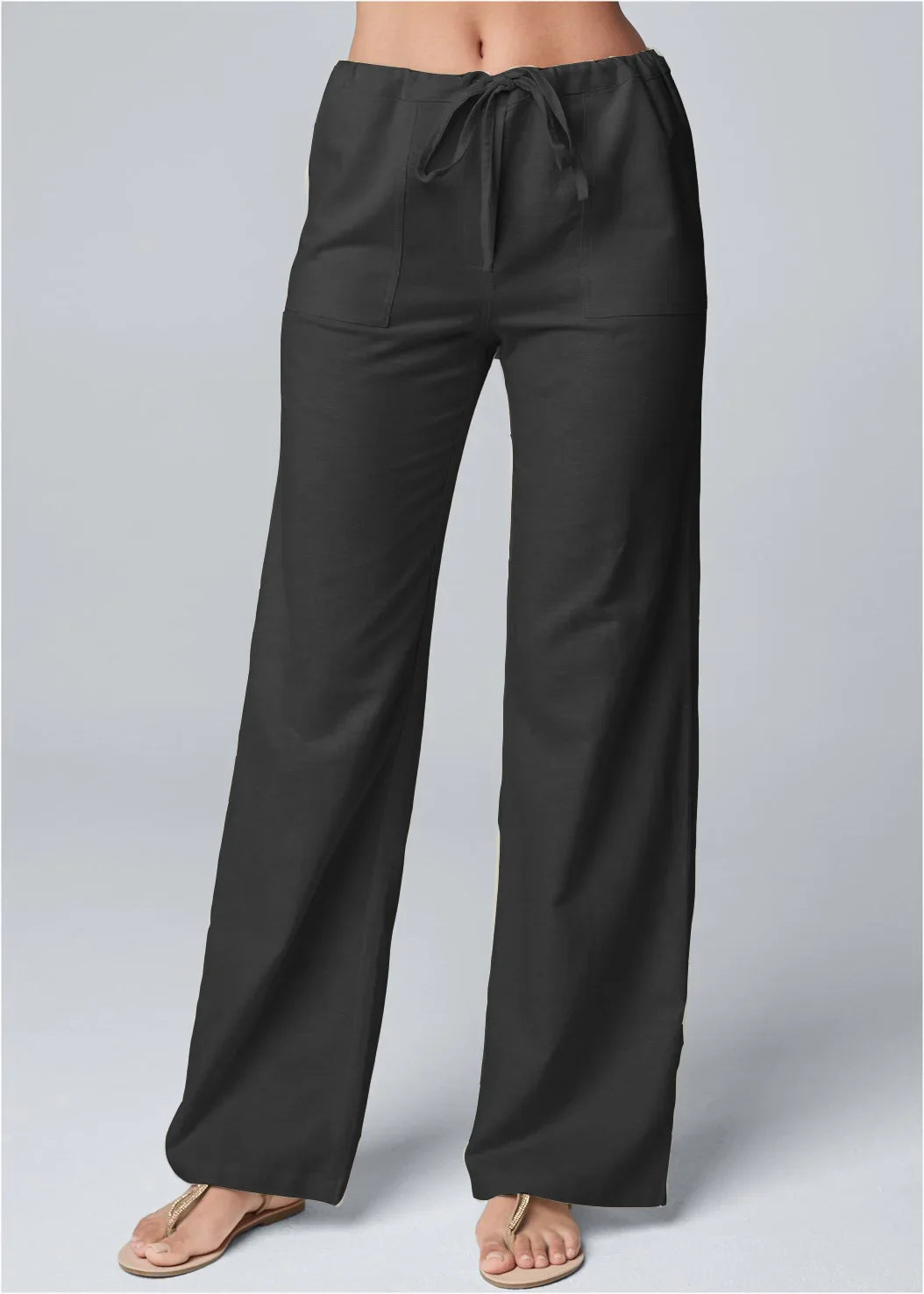 Women’s Wide-Leg Trousers – Cotton Linen Blend – High Waist – Elastic Drawstring Waistband