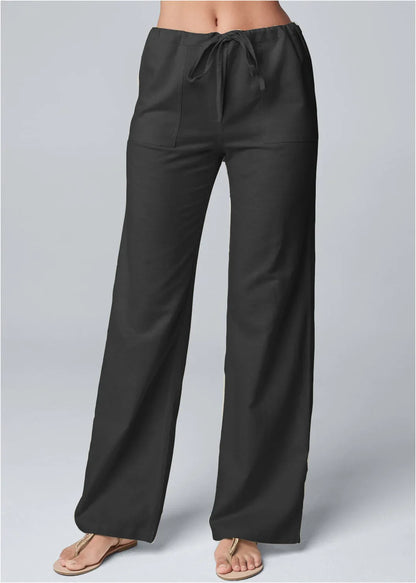 Women’s Wide-Leg Trousers – Cotton Linen Blend – High Waist – Elastic Drawstring Waistband