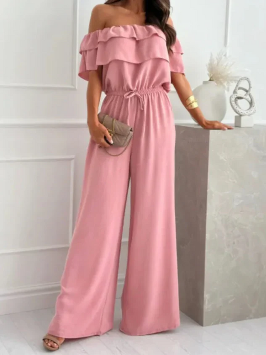 Women’s Jumpsuit – Off Shoulder – Ruffle Neckline – Wide Leg – Breathable Blend