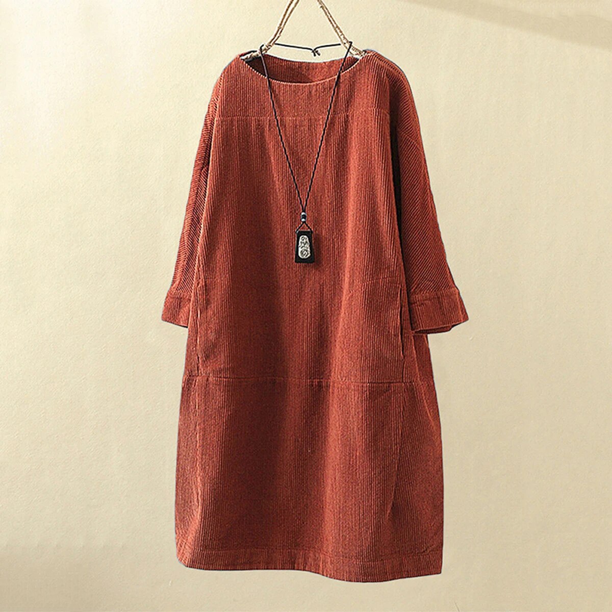 Women's Corduroy Dress - Relaxed Fit - Long Sleeve - Soft Textured Casual Wear