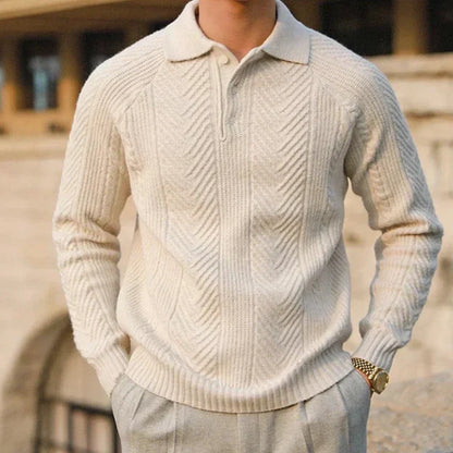 Men’s Knitted Sweater – Slim Fit – Cable Knit – Polo Collar – Long Sleeve Wool Blend