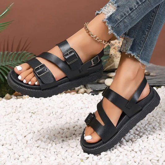 Women’s Sandals – Flat Sole – Open Toe – Adjustable Buckle Straps – Casual Fit