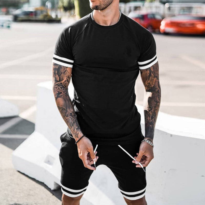 Men’s Athletic Set – Slim Fit – Breathable Stretch Fabric – Short Sleeve & Drawstring Shorts