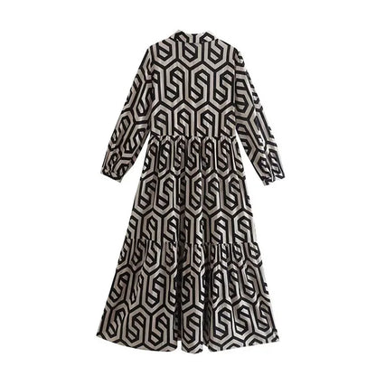 Women’s Midi Dress – Relaxed Fit – Tiered Silhouette – Geometric Print – Cotton Feel