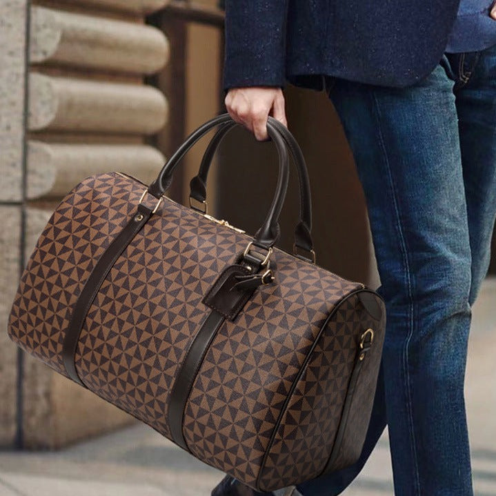 Men’s Travel Bag – Cylindrical Shape – Leather Straps – Geometric Pattern