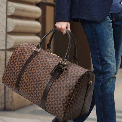 Men’s Travel Bag – Cylindrical Shape – Leather Straps – Geometric Pattern