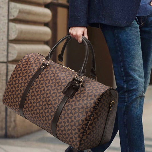 Men’s Travel Bag – Cylindrical Shape – Leather Straps – Geometric Pattern