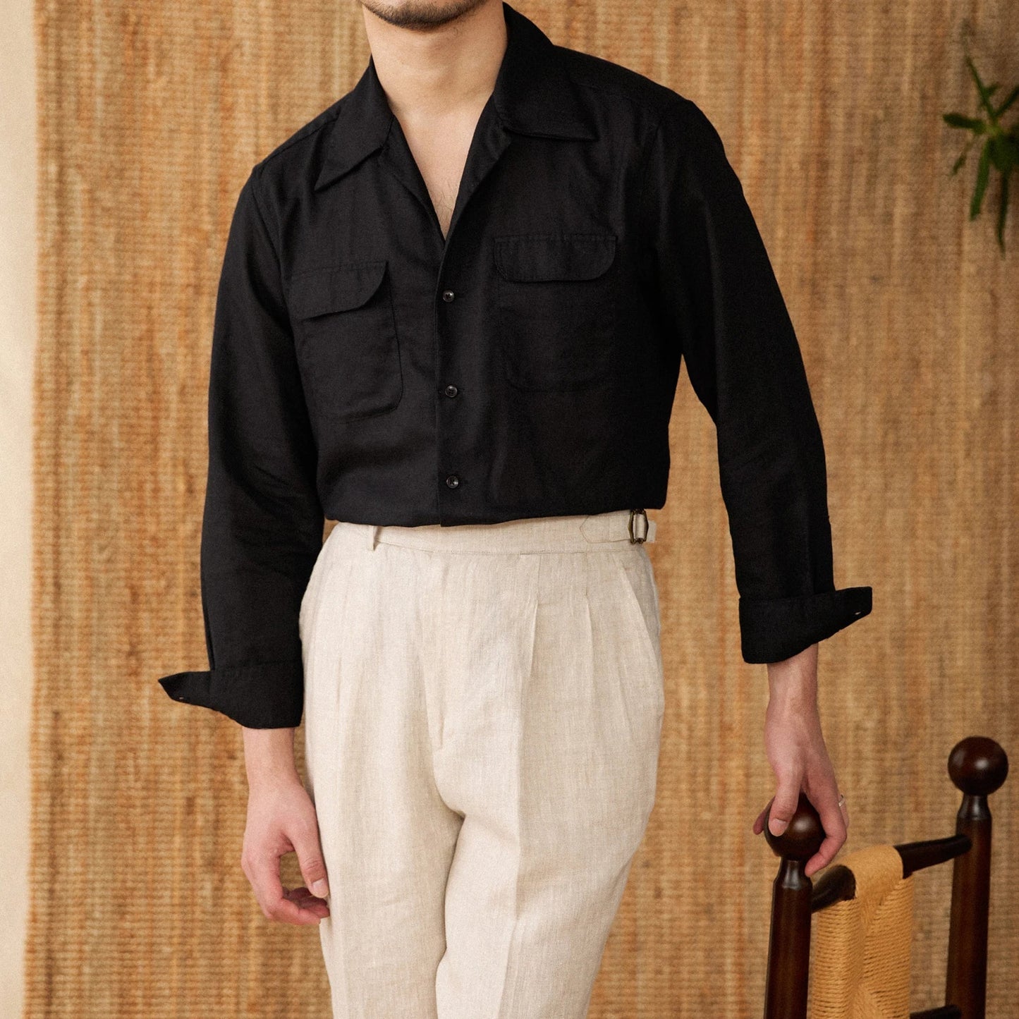 Men’s Linen Shirt – Relaxed Fit – Long Sleeve – Button-Up – Chest Pockets – Casual Wear