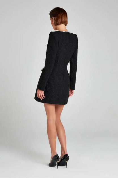 Women’s Mini Dress Blazer – Tweed Tailored Fit – Pearl Trim – Long Sleeve Formal Wear