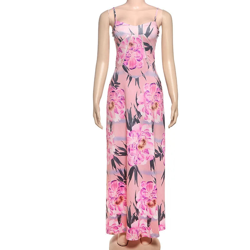 Women's Maxi Dress - Floral Print - Spaghetti Strap - Flowy Elegant Fit