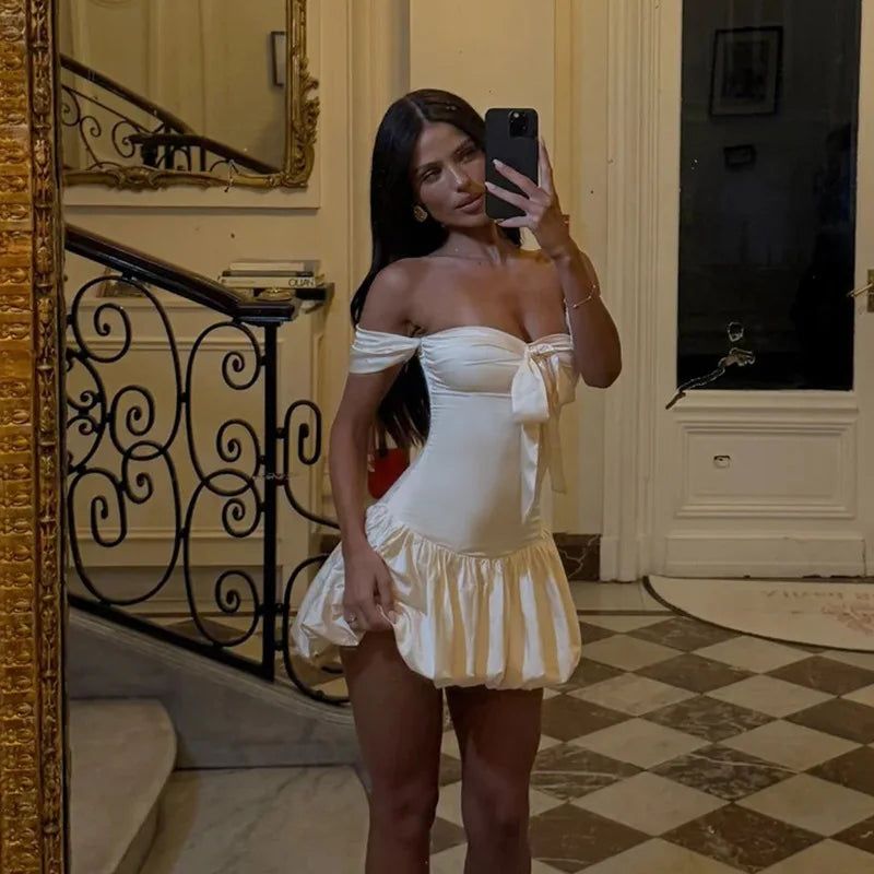 Women's Off-Shoulder Mini Dress - Sweetheart Neckline - Ruched Bodice - Flared Ruffled Hem