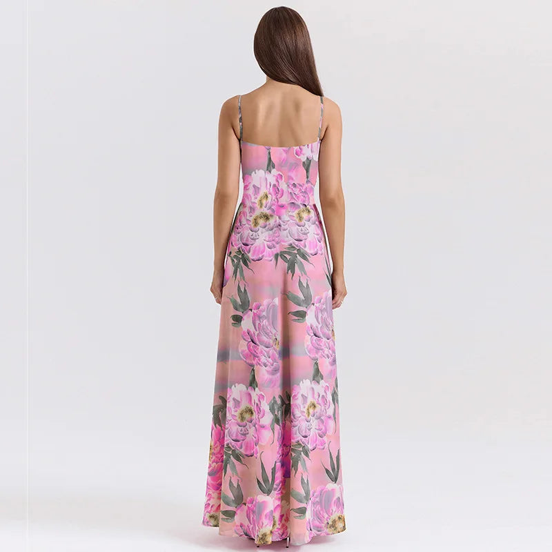Women's Maxi Dress - Floral Print - Spaghetti Strap - Flowy Elegant Fit